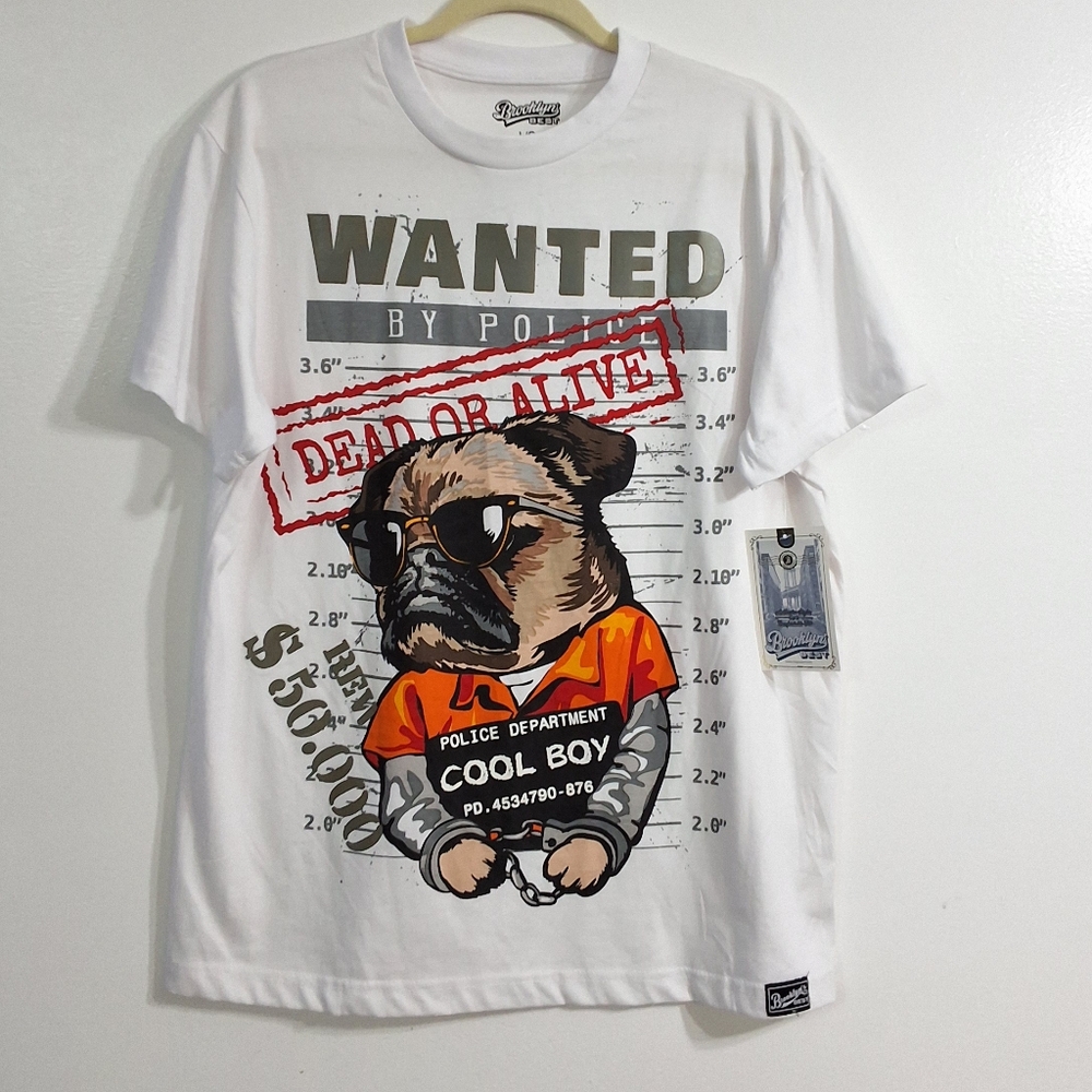 Brooklyn’s Best Men's White Pug Mugshot Graphic Tee-Wanted Design, Size L, NWT